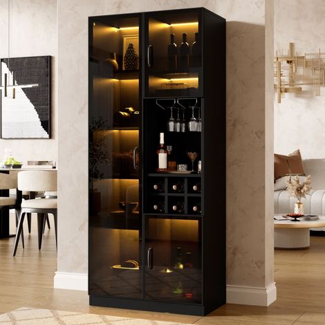 Vitrine avec éclairage led contrôlable par application 60x36x160 cm - buffet haut vaisselier avec portes en verre et porte-bouteilles pour salon en bois - noir (1/5)