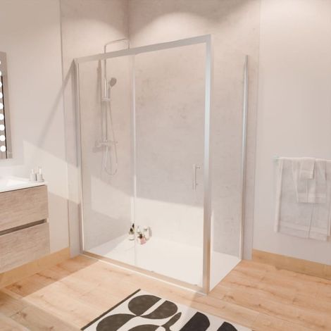 Paroi de douche d'angle avec porte coulissante + retour fixe NERINA - 140x80 cm (1/4)