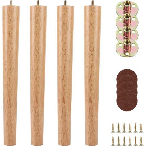 4 Pièce Pieds de Meubles en Bois, 40 cm Pied de Table Bois, Pied Meuble Bois avec Plaque de Montage, Vis et Tapis Antidérapant Pieds pour Lit, Meubles, Canapé (1/5)