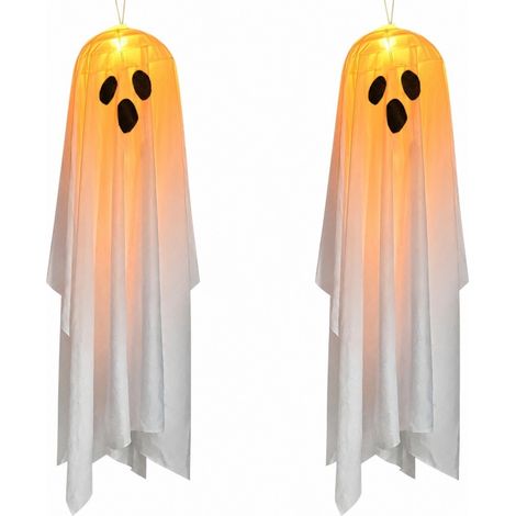 Décorations fantômes suspendues pour Halloween, lot de 2 fantômes lumineux à lumière chaude, en nylon grand format, pour l'intérieur et l'extérieur (arbres et jardin). (1/5)
