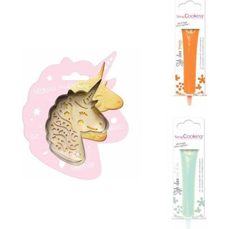 Kit pour biscuit en relief Licorne + 2 Stylos au chocolat orange et vert d'eau