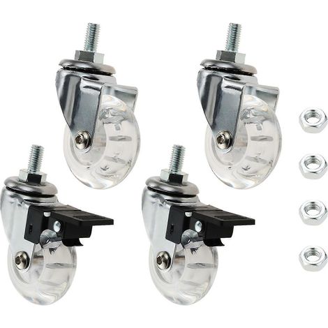 Lot de 4 roulettes pivotantes transparentes de 5 cm (2 pouces) avec filetage M8 x 15 mm et frein intégré, pour chaise de bureau, canapé, fauteuil ou armoire. (1/5)