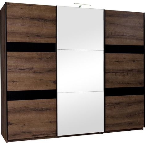 Armario Fivelbo 110, Roble del Monastery + Negro brillante, 215x250x69cm, Puertas de armario: Correderas, Número de estantes: 9, LED