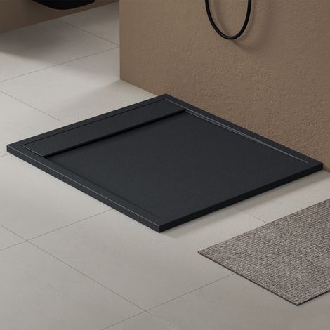 doporro Piatto Doccia Rettangolare in Marmoresina con Scarico Laterale e Piletta, Superficie Antiscivolo Effetto Pietra, Spessore 3 cm, 90x100 cm Antracite Opaco Geoma10 (1/5)