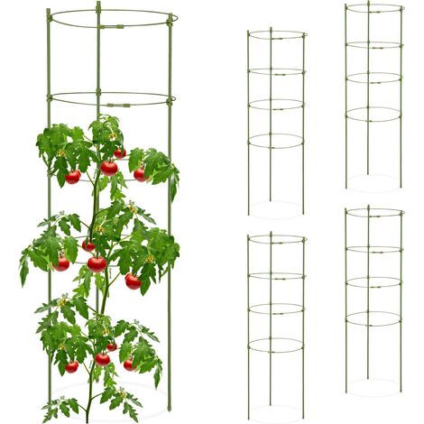 Relaxdays Garden Trellis Set of 5, Metal & Plastic, HxØ: 90x28 cm, 4 Adjustable Rings, Tomatoes & Climbing Plants, Green