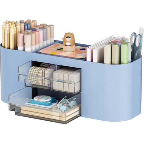 Schreibtisch-Organizer, multifunktionaler Stiftehalter mit 3 Schubladen, Büroaufbewahrungszubehör mit 7 Fächern für Zuhause, Schule, Klassenzimmer (Blau) (1/5)