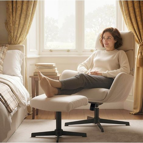 Poltrona relax con poggiapiedi beige in metallo e tessuto effetto lino con schienale alto e movimento oscillante (1/3)