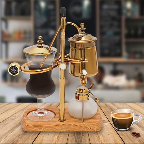 YISSALE -Outillage -Machine à café Siphon, 400 ml, machine à café rétro, ensemble de 4 tasses pour la maison, machine à café Siphon pour la maison, socle en bois adapté, couleur dorée (1/5)