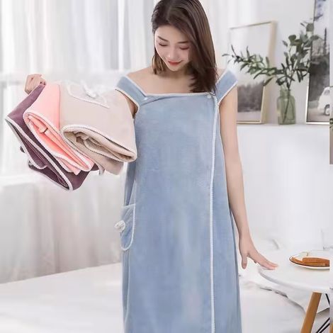 Ensemble peignoir et serviette de bain pour femme, doux et confortable, avec fermeture à pression, épaules dénudées (1/5)