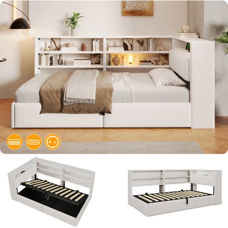 Lit rembourré - 90x200 cm - Éclairage LED intégré - Ports USB et Type-C intégrés - Fonction convertible - velours et MDF - blanc (1/5)
