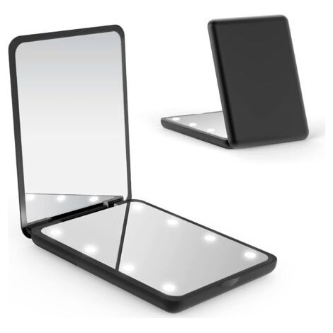Miroir de poche, miroir compact à LED, miroir grossissant 1x/2x avec lumière, miroir pliable à double face, miroir compact éclairé pour sac à main, cadeaux (noir)