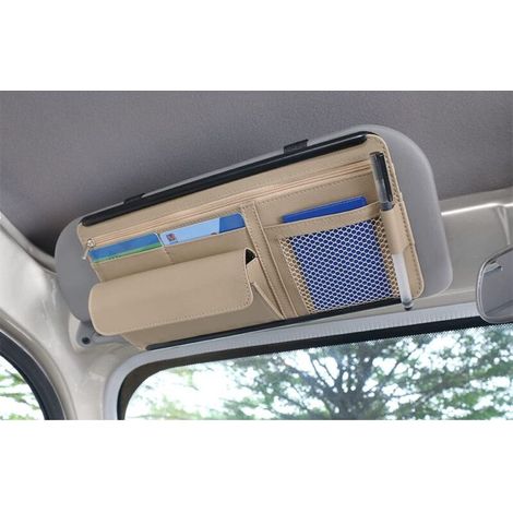 Organisateur de pare-soleil de voiture, pochette de rangement en cuir pour cartes, permis de conduire, stylo, lunettes, documents, compatible avec la plupart des voitures, SUV et camions (beige)