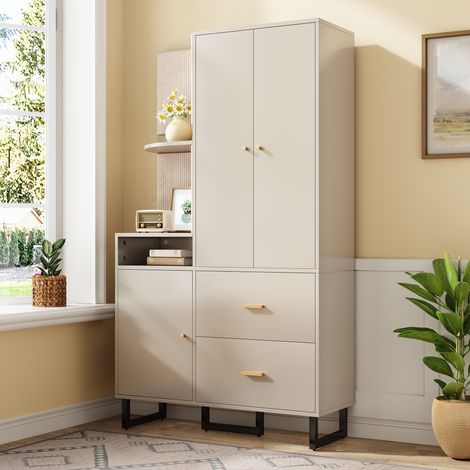 Mobile da ingresso, composizione completa con appendiabiti e panca scarpiera, armadio da corridoio con parti imbottite e metallo, Beige e Grigio (1/5)