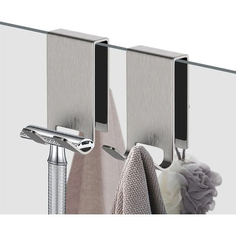 Porte-serviettes adhésif 2 crochets argenté pour douche, sans perçage, fixation murale réversible double face, support pour serviettes. (1/5)