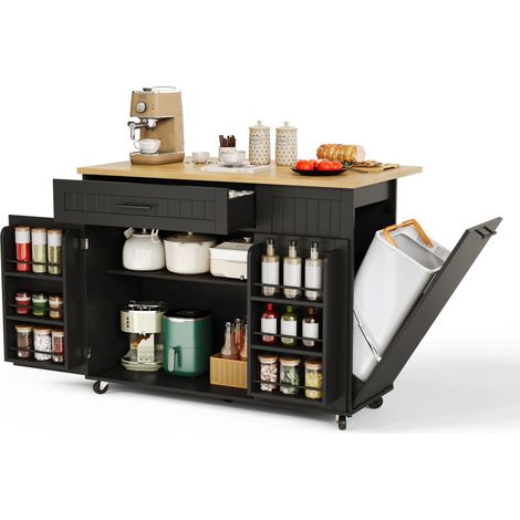 Îlot central de cuisine extensible Noir,desserte,plan de travail,sur roulettes,130x45(70)x93cm (1/5)