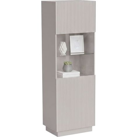Vetrina Vado, Vetrinetta da soggiorno con anta e dettaglio in vetro, Finitura con effetto cannettato, 60x40 h178 cm, Beige