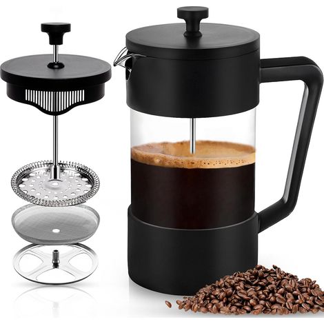 Cafetera de émbolo de 1000 ml (5 tazas), jarra de vidrio de borosilicato, triple filtro de acero inoxidable (negro).