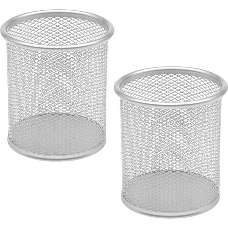 Porte-stylo en métal - Boîte à stylos ronde argentée - Lot de 2 - Convient pour le bureau et l'école (1/5)