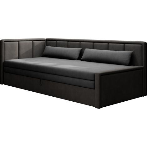 Canapé banquette convertible 3 places tissu doux Figo 214cm-Gris foncé-angle gauche (1/5)