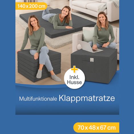 belviona 3-in-1 Klappmatratze, faltbares Gästebett mit waschbarem Bezug & Seitentaschen, platzsparend als Sitzwürfel nutzbar (1/5)