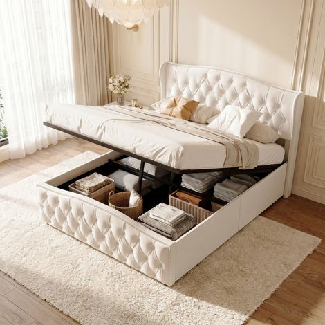 Lit coffre 140x190 cm - lit double adulte capitonné tête,lit vague à clous décoratifs,sommier à lattes,relevable hydraulique,velours,beige (1/5)