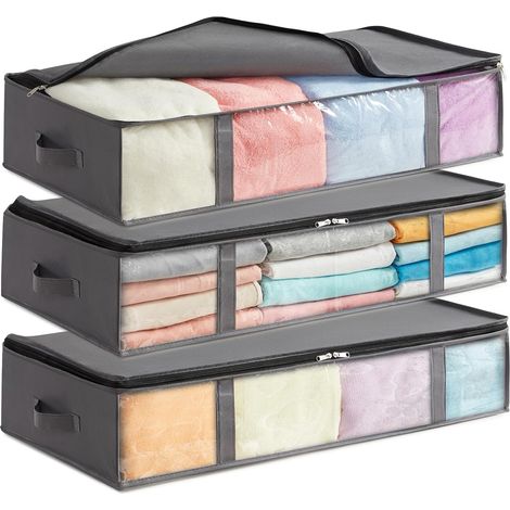 Sacs de Rangement sous Lit, Boite Rangement Vetement Pliable, Housse Rangement Couette, Organisateur Placard avec Fenêtre Transparente pour Serviettes, Couvertures, Gris, 90 L, Lot de 3 (1/5)