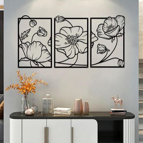 3 Pièces Noir Décoration Murale En Métal Décoration Art De Décoration Murale Minimaliste Sculpture Murale En Fil de Fleurs Décoration moderne Pour Chambre Salon Bains Galerie (1/5)
