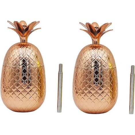 Lot de 2 gobelets ananas, 450 ml, en cuivre, avec paille extensible, pour une fête hawaïenne (luau). (1/4)