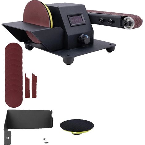Ponceuse à bande, puissance de 350W, vitesse de 6000R/MIN, table de travail réglable, taille de patin à poncer de 380x30mm, compatible pour le bois et le métal (1/5)