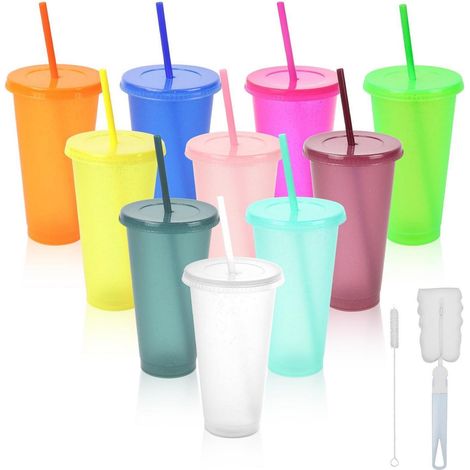 10er Set Mehrwegbecher 710ml mit Deckel & Strohhalm, wiederverwendbar