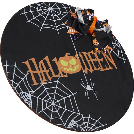 Panneau de bienvenue en bois à motif toile d'araignée, idéal pour Halloween et les réunions de famille. Nœud papillon noir inclus. (1/5)