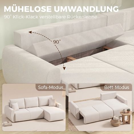 Schlafsofa mit ausklappbarer Chaiselongue, Ecksofa für drei Personen mit Veloursbezug, cremeweiß. (1/5)