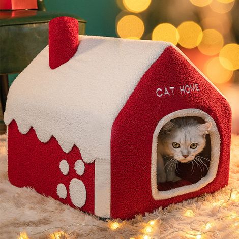 Lit Pour Chat - Tente-Caverne De Noël En Coton - Pour Chats Et Petits Chiens - 39x34x32cm - Rouge - 1 Pièce (1/5)