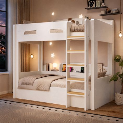 Kinderbett 90x200 cm mit unterem Bett, USB-Anschluss und Stauraum, weiß HAVRYA (1/5)