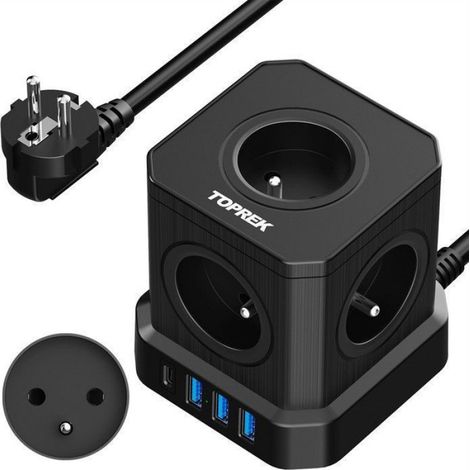 Multiprise USB Cube, Cube Rallonge Multiprise 2M avec 5 Prises AC Française, 1 USB C(20W PD3.0) et 3 USB A, 1 Interrupteur (1/5)
