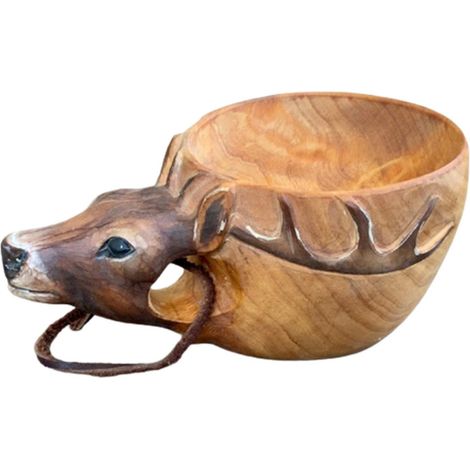 Tierförmiger Holzbecher, handgeschnitzter, tragbarer Campingbecher mit Hirschmotiv (1/5)