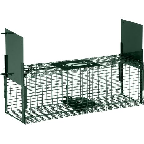 Piège à rongeurs vivant 60x18x20 cm, cage métallique verte pour fouines, martres, rats et souris - 2 accès + poignée de transport