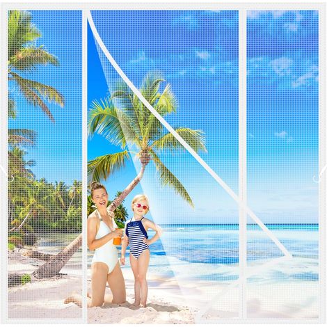 Double Ouverture Latérale Moustiquaire Porte 250x220cm Personnalisable Moustiquaire Baie Vitree Coulissante Engrener Fermeture Automatique Pliable Mains Libres Profitez De l'air Frais Blanc