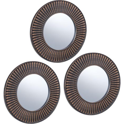 Lot de 3 miroirs, Rond, Large Bord, diamètre 25 cm, intérieur, décoration, Cadre en Plastique, doré/Noir (1/5)