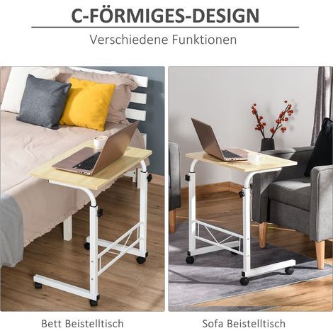 Höhenverstellbarer Beistelltisch, mobiler Schreibtisch auf feststellbaren Rollen, C-förmiger Tisch, Spanplatte, Stahl, Eisen, Kunststoff, Farbe: Weißahorn, 60 x 40 x 68–78 cm (1/5)