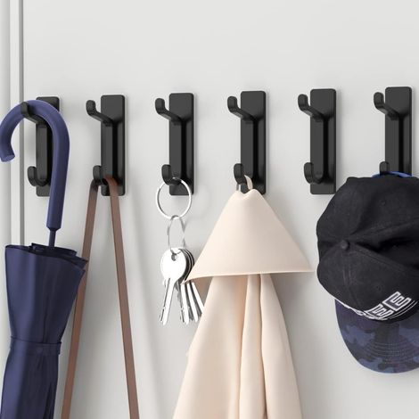 Wandhaken zum Kleben, Handtuchhalter Bad, Garderobenleiste Küche, Klebegarderobe Wandmontage ohne Bohren, wasserfest, rostfrei, Schwarz, 6 Stück