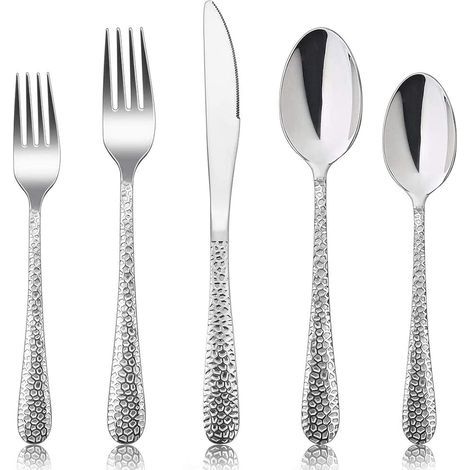 Service de couverts 25 pièces en acier inoxydable, pour 5 personnes, avec couteau, cuillère et fourchette, manche martelé moderne, couverts pour la famille, les fêtes, les hôtels, les (1/5)