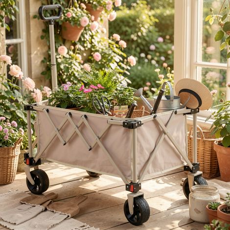 URBAN MEUBLE Chariot pliant de jardin avec roues tout-terrain beige, 80L, poignée réglable