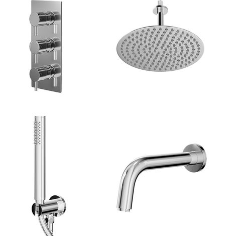 Circo Polished Chrome Concealed Triple Thermostatic Shower Valve with Diverter and 300mm Round Head with 150mm Ceiling Arm and Clyde Slide Rail Kit with Bath Spout - 3 Outlet (1/5)