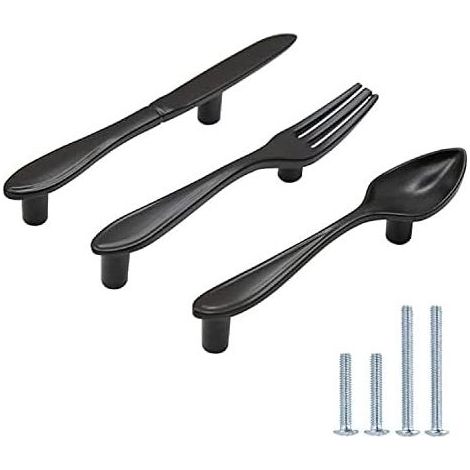 Lot de 3 poignées d'armoire en forme de cuillère à couteau en forme de fourchette poignées de porte trou central 7,6 cm noir mat (1/3)
