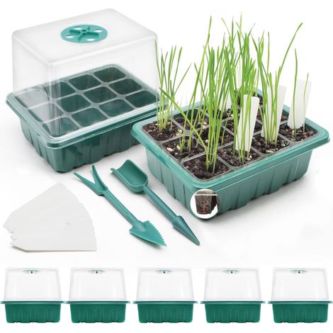 Seedling Tray, Set of 5 Seedling Trays 60 Cells Mini Greenhouse Plant Germination Trays with Transparent Lids/Adjustable Window, for Plants Seeds Greenhouse Germination (1/5)