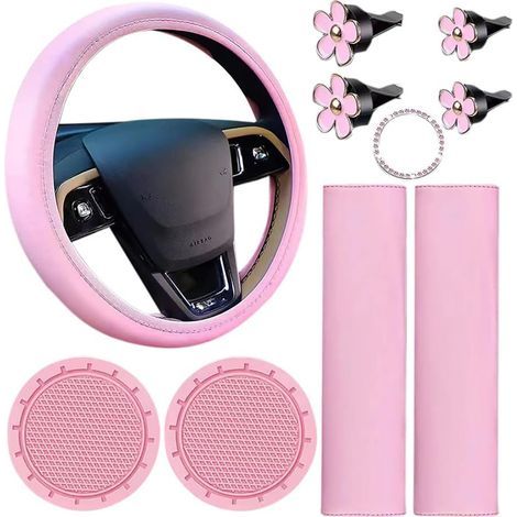 10Pcs Pink Leather Steering Wheel Covers, Cute Car Steering Wheel Covers with Seat Belt, Cup Holder