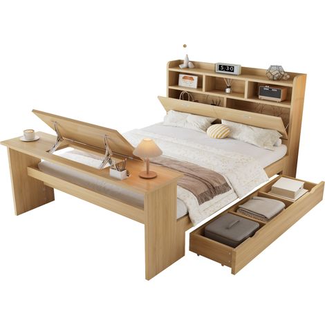 Lit 140x200 cm avec bureau rabattable réglable, tiroir réversible, tête de lit rangement, matelas non inclus, chêne naturel