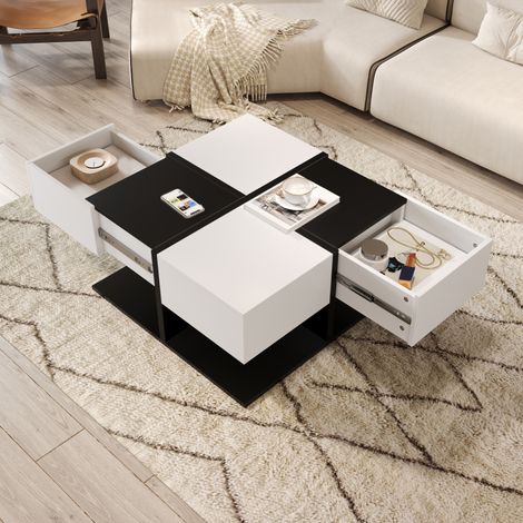 Table basse carrée 70x70x35.5 cm noir et blanc en panneau de particules avec 2 tiroirs et rangement discret (1/5)