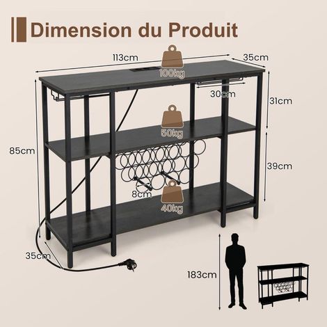 Organiser Bouteilles et Verres Meuble Casier à Vin Industriel avec Station de Charge et 3 Étagères pour Salle à Manger (1/5)